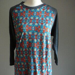 LulaRoe Gray 3/4 Sleeve Simply Comfortable Blue Orange Geometric Print Top-Med